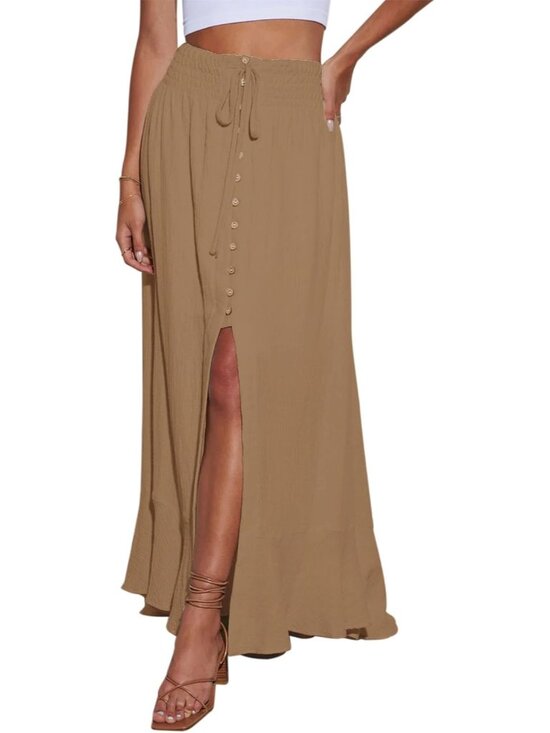 Dresses & Skirts - Women's Khaki Tie Elastic Button Down Loose Flowy Swing Slit Front Maxi Skirt
